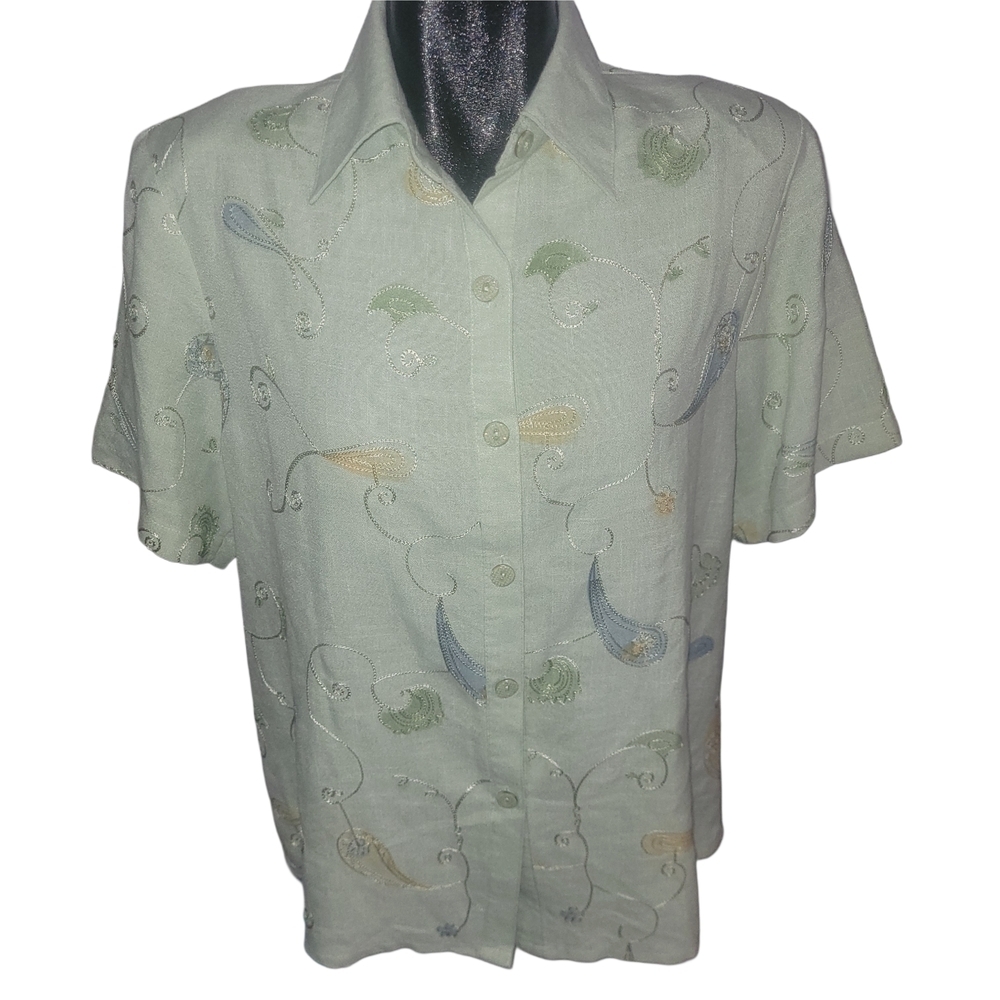 Moffi International Vintage 90's Light Green Embroidered Short Sleeve Shirt XXL